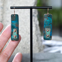 Artful Blue Copper Patina Rectangular Riveted Statement Earrings JAX Atelier Made in San Diego