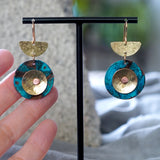 Hammered Brass Blue Copper Patina Riveted Artful Statement Earrings Jax Atelier Made in San Diego