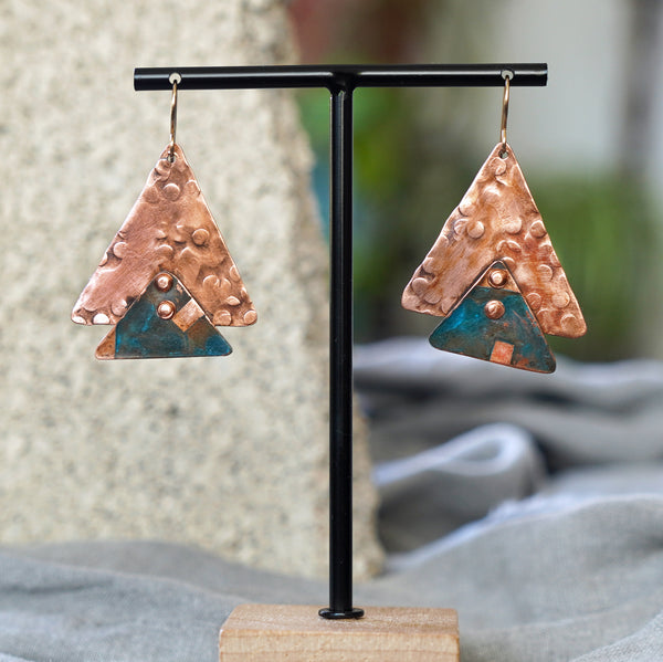 Geometric Textured Copper Patina Riveted Triangle Earrings Jax Atelier Made in San Diego